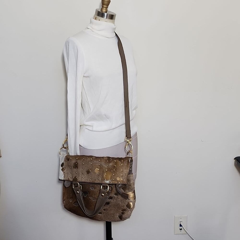 Pulicati Gold Calf Hair Folded Top Handles Crossbody Bag